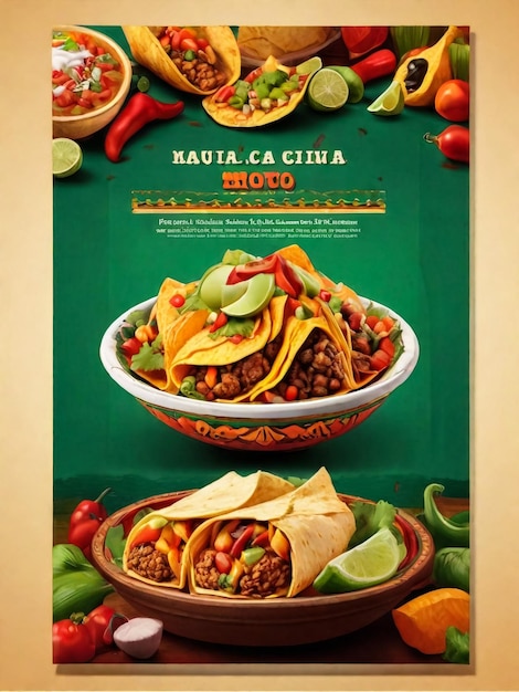 Mexican food flyer advertising brochure promo banner National kitchen poster with flag colors and taco nachos and others Cartoon flat style