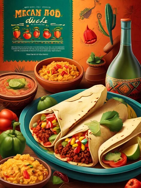 Mexican food flyer advertising brochure promo banner National kitchen poster with flag colors and taco nachos and others Cartoon flat style