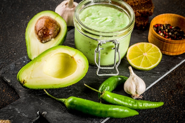 Mexican food, guacamole with rye toasts sandwiches 