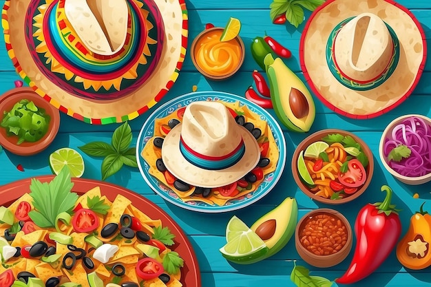 Mexican food mix copyspace frame colorful background Mexico