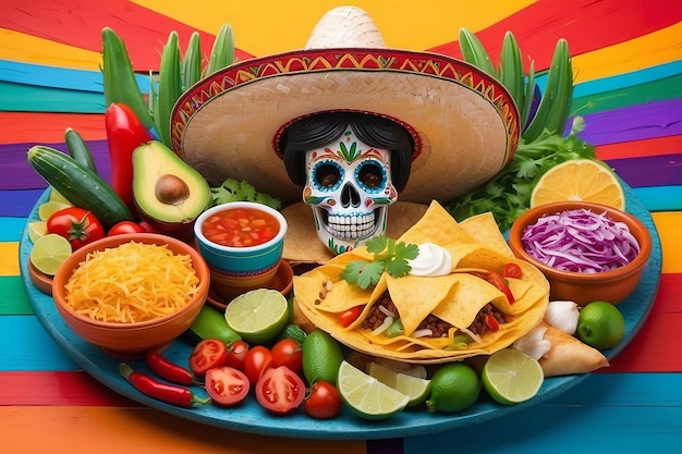 Photo mexican food mix copyspace frame colorful background mexico