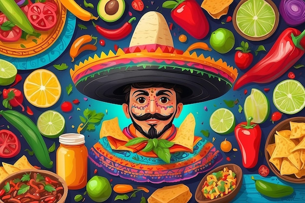 Photo mexican food mix copyspace frame colorful background mexico