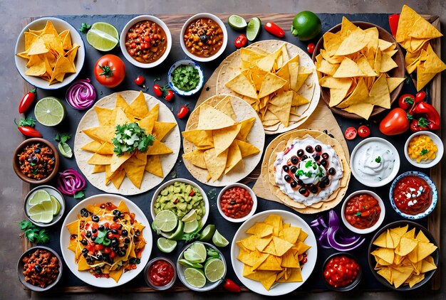 mexican food nacho chips sauce vegetables olives abstract background