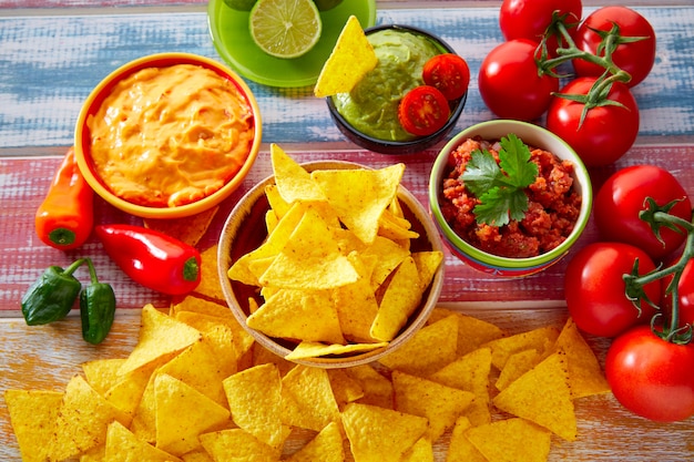 Mexican food nachos and guacamole chili sauce