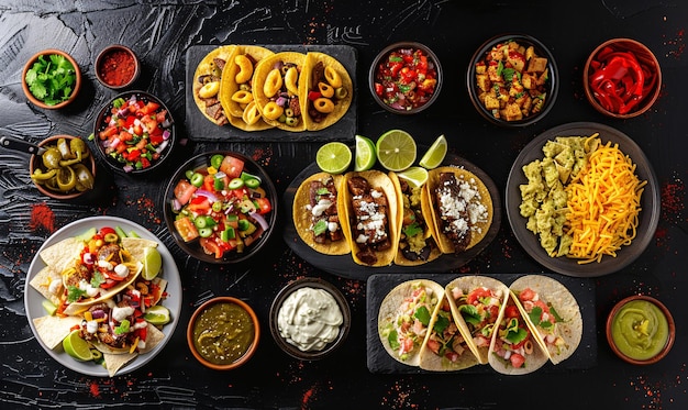 Mexican food panorama shot from the top on a black background