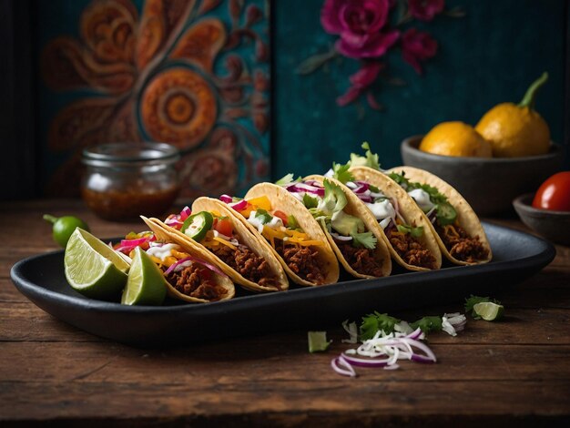 Photo mexican food tacos in a decorative background