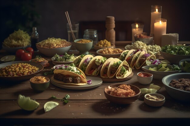 나무 테이블에 있는 멕시코 음식 타코와 과카몰리
