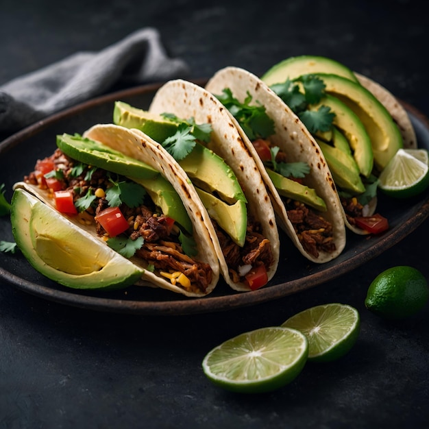 Mexican food tacos with avocado and lime slices 3d render