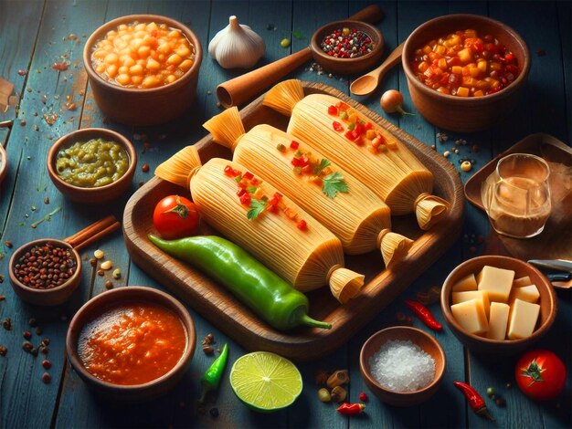 Mexican Food Tamales with a variety of ingredients