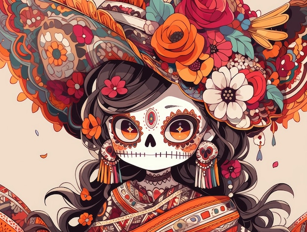 Mexican girl dia de los muertos Chibi style manga