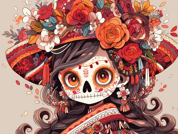 Mexican girl dia de los muertos Chibi style manga