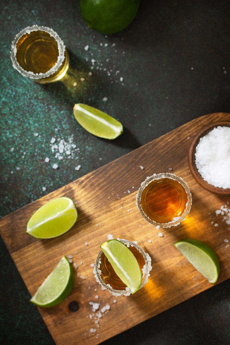 Photo mexican gold tequila shot with lime and salt on dark stone background top view copy space