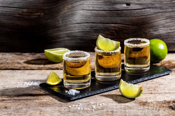 Photo mexican gold tequila with lime and salt on rustic wooden background alcoholic drink concept mexican national drink copyspace