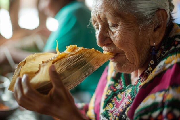 カフェでタマレを食べているメキシコのおばあちゃん