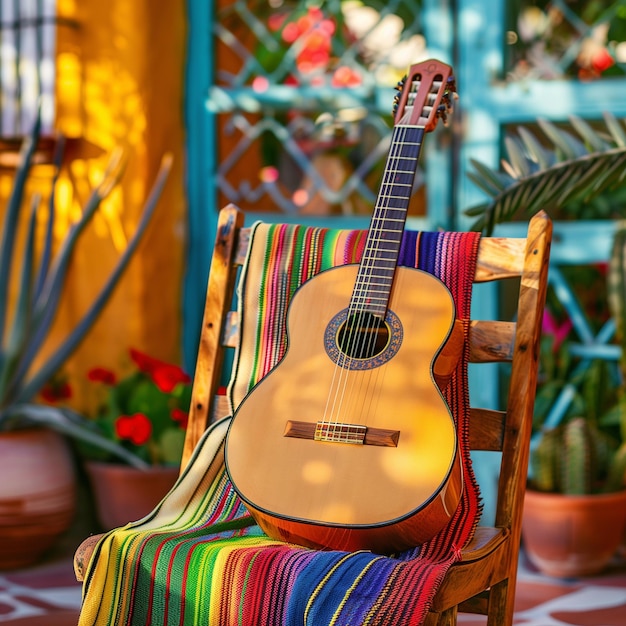 Photo mexican guitar for cinco de mayo festival sit on chair mexican terrace background