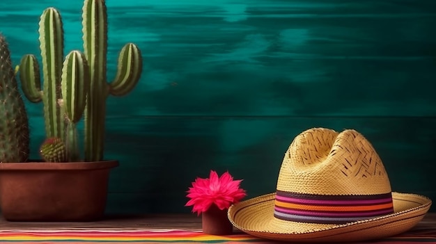 A mexican hat and a cactus are on a table.