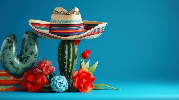 A mexican hat and cactus on a blue background