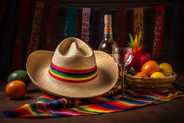 A mexican hat and a glass of wine are on a table.