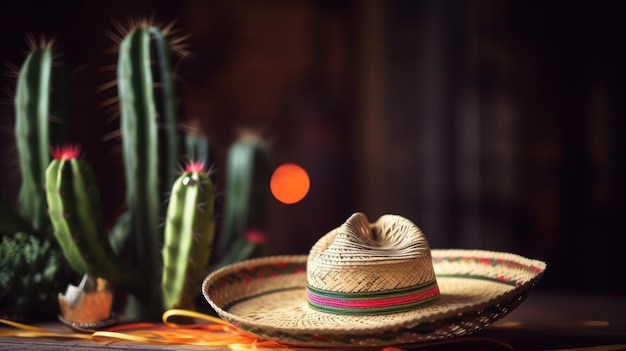 A mexican hat sits on a table in front of a cactus.