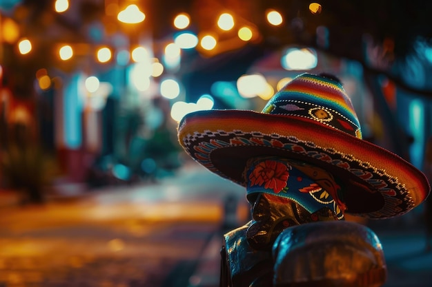 Mexican hat sombrero on a serape in a mexican town at night