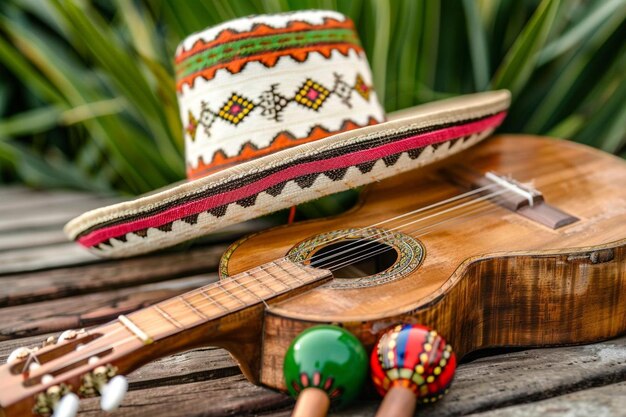 Photo mexican hat with guitar and maracas to celebrate event