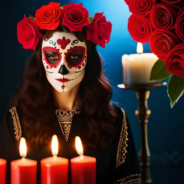 Mexican holiday day of dead realistic composition with scary mask candles and roses