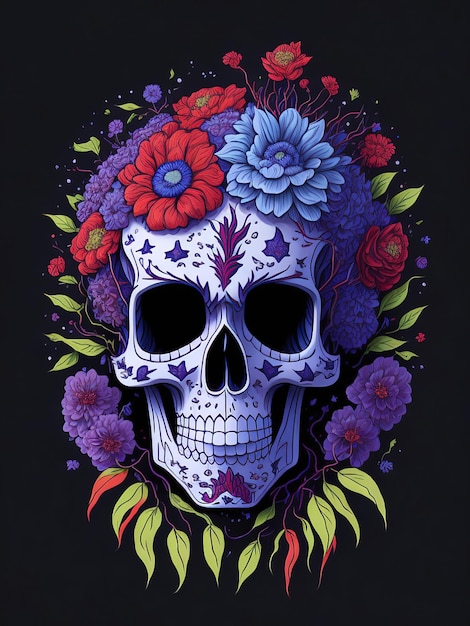 Mexican Holiday Illustration of a Gothic Day of the Dead Skull