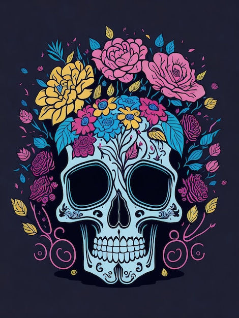 Mexican Holiday Illustration of a Gothic Day of the Dead Skull