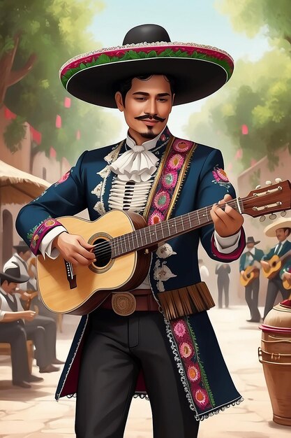 Mexican Independence Cinco de mayo Mexican men wearing traditional mariachi clothing playing guitar Generative AI