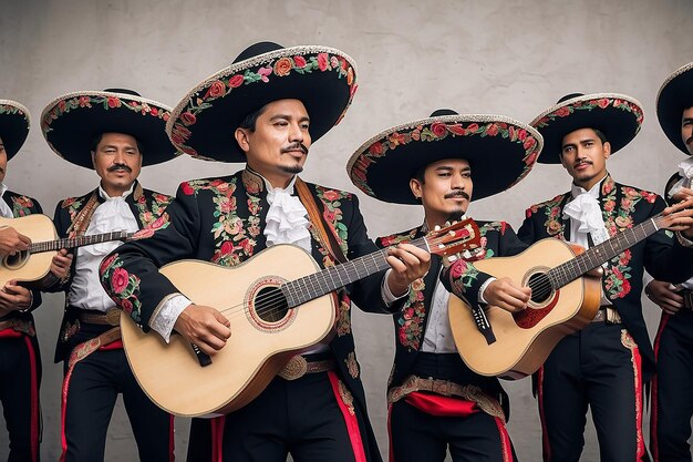 Foto indipendenza messicana cinco de mayo uomini messicani che indossano abiti tradizionali mariachi che suonano la chitarra ai generativa