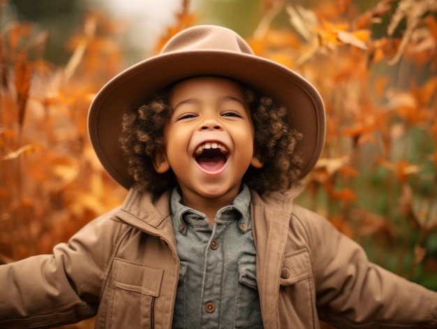 Photo mexican kid in emotional dynamic pose on autumn background