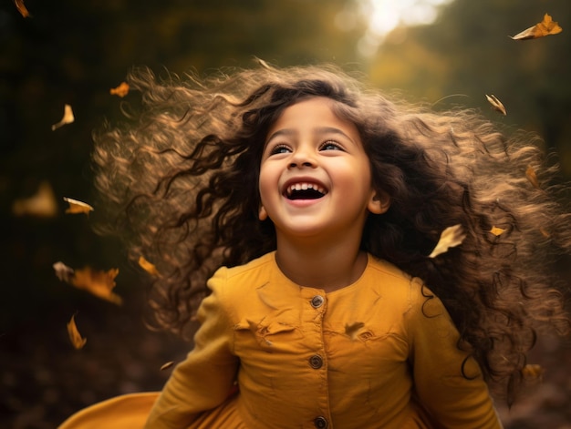 Mexican kid in emotional dynamic pose on autumn background