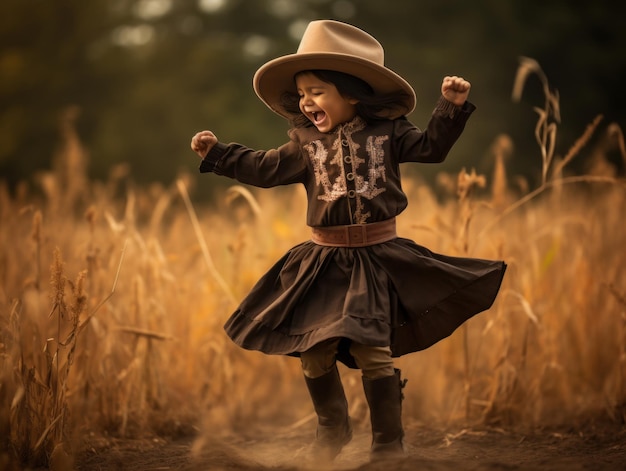 Mexican kid in emotional dynamic pose on autumn background