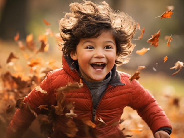 Mexican kid in emotional dynamic pose on autumn background