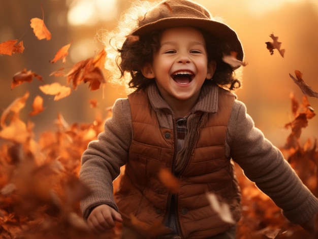 Mexican kid in emotional dynamic pose on autumn background