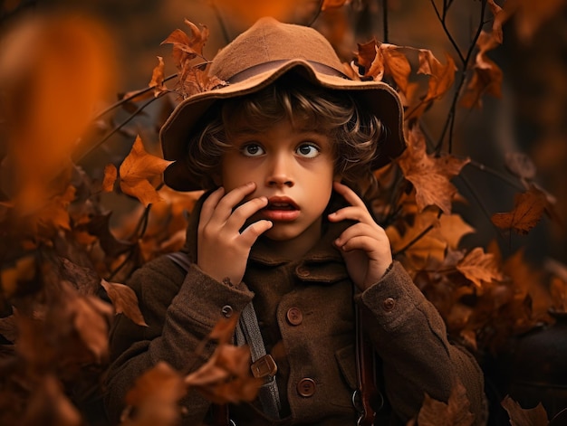 Mexican kid in emotional dynamic pose on autumn background