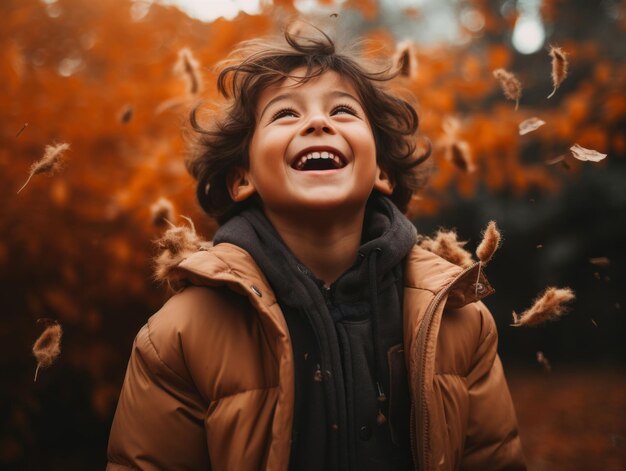 Photo mexican kid in emotional dynamic pose on autumn background