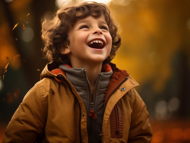 Mexican kid in emotional dynamic pose on autumn background