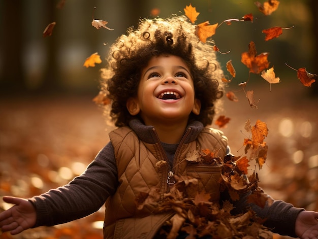 Mexican kid in emotional dynamic pose on autumn background