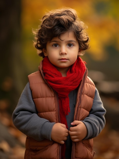 Mexican kid in emotional dynamic pose on autumn background