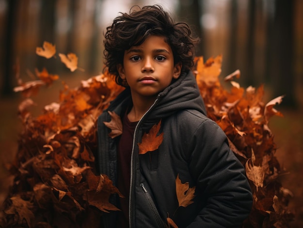 Mexican kid in emotional dynamic pose on autumn background