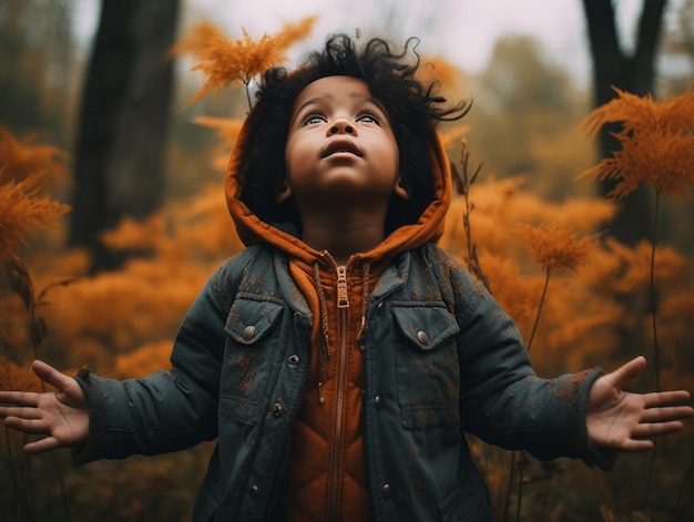 Photo mexican kid in emotional dynamic pose on autumn background