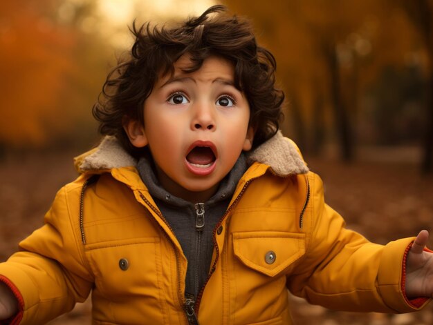 Mexican kid in emotional dynamic pose on autumn background