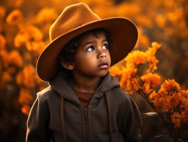 Mexican kid in emotional dynamic pose on autumn background