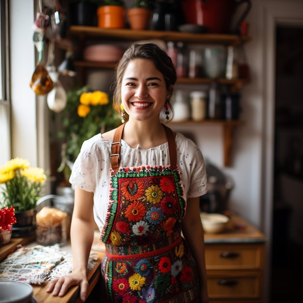 Mexican Kitchen Elegance Woman Adorned in Embroidered Apron