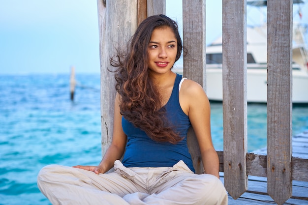 Mexican latin woman at Caribbean sea