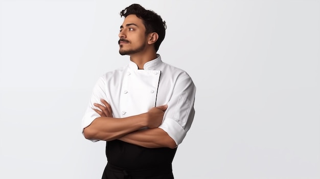 A Mexican male chef looks to the left in a thinking pose