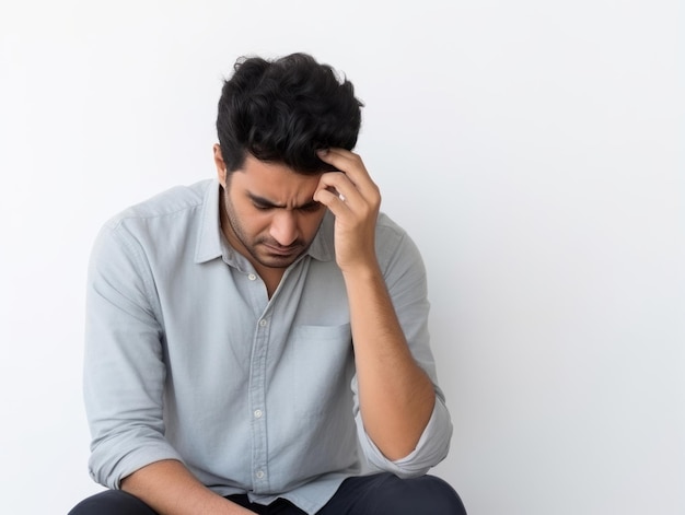 Mexican man in emotional pose on white background