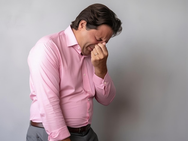 Mexican man in emotional pose on white background