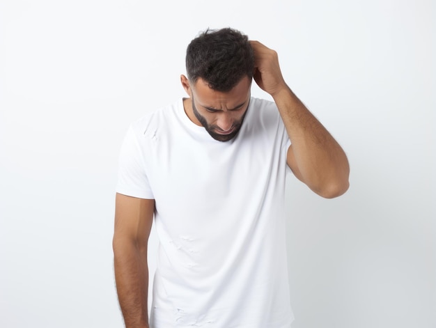 Mexican man in emotional pose on white background